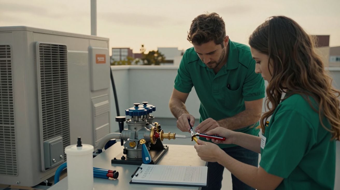 Dois técnicos trabalham em equipamento HVAC no telhado, vestindo camisolas verdes e usando ferramentas.