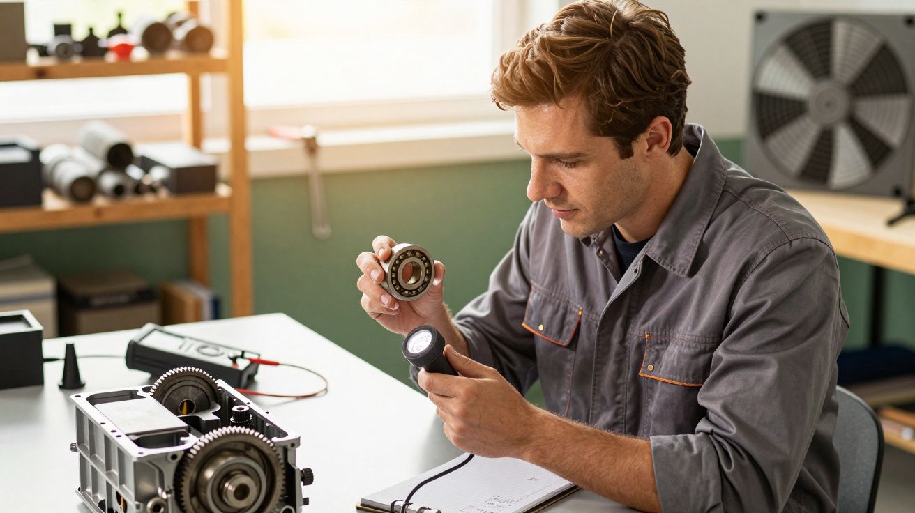 Homem analisa rolamento com lupa em oficina, peças de engrenagem e caderno ao redor.