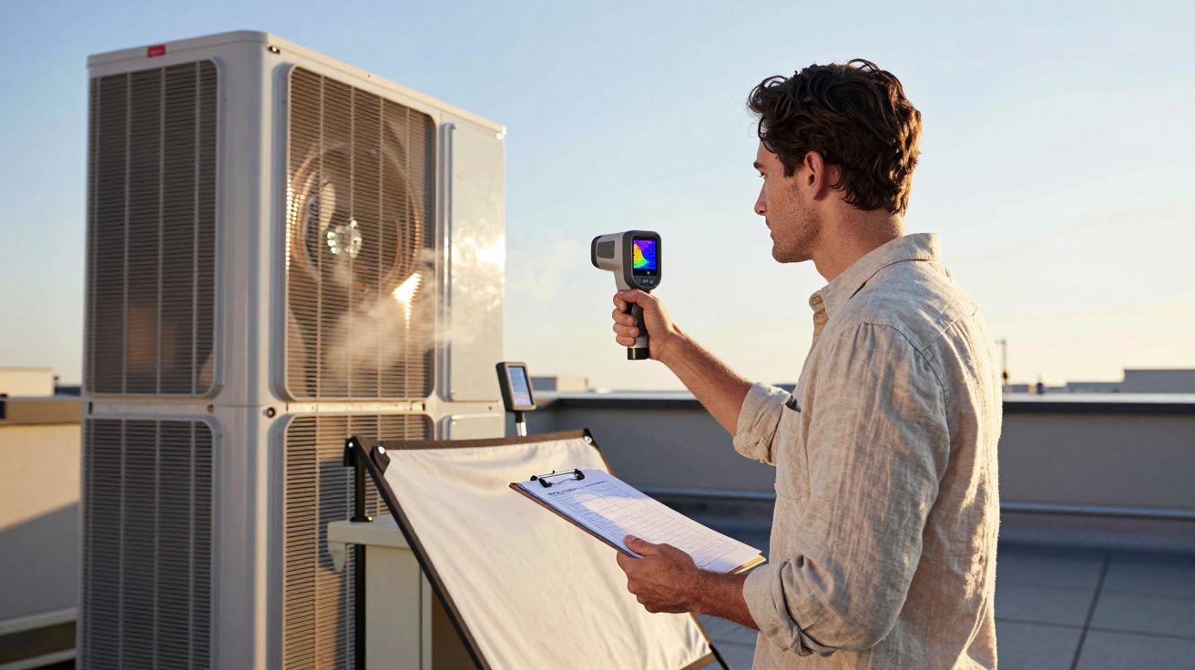 Homem com termómetro infravermelho inspecciona unidade de ar condicionado no telhado ao pôr do sol.