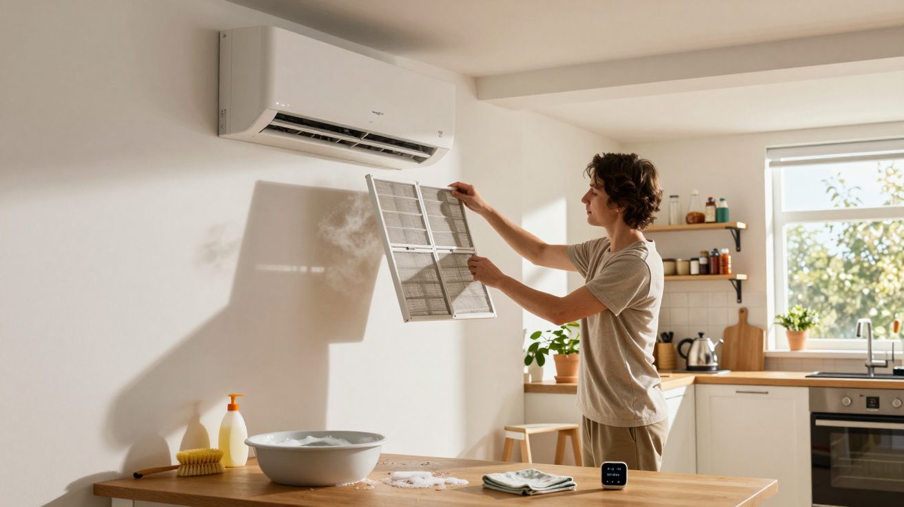 Pessoa a lavar filtro de ar condicionado numa cozinha iluminada.