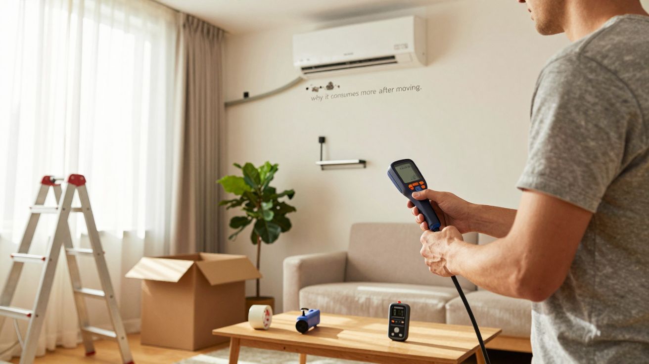 Homem verificando medidor frente a ar condicionado em sala com escada, caixa e fita adesiva.