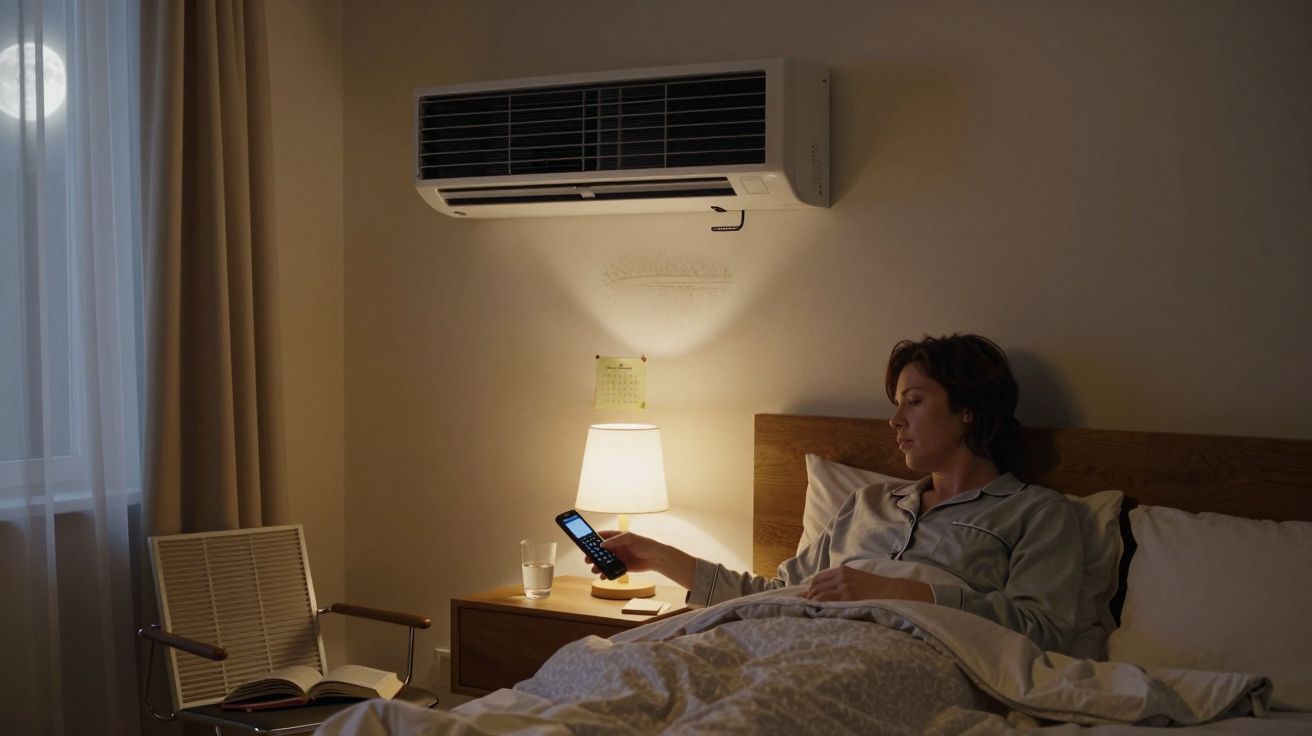 Mulher deitada na cama, à noite, com pijama, segurando um comando. Ar condicionado e abajur aceso ao lado.