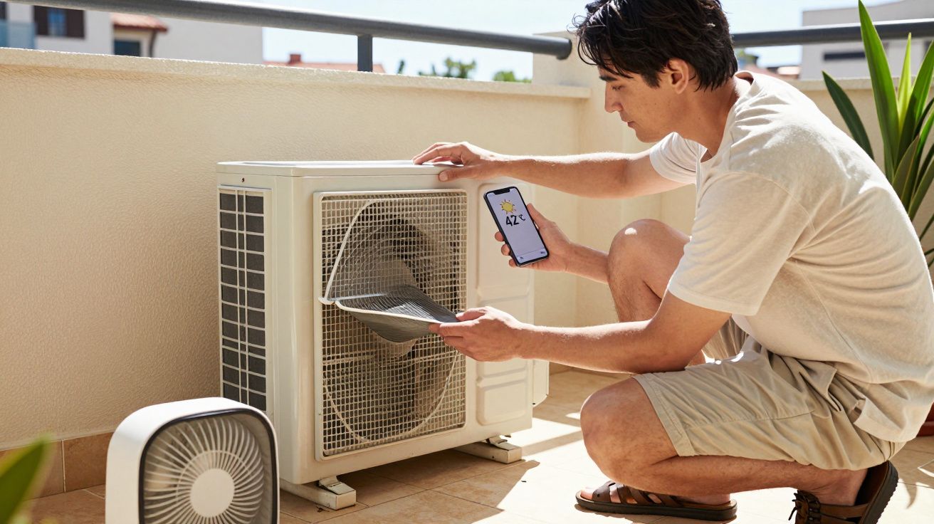 Homem verifica ar condicionado na varanda, segurando smartphone que mostra 42°C.