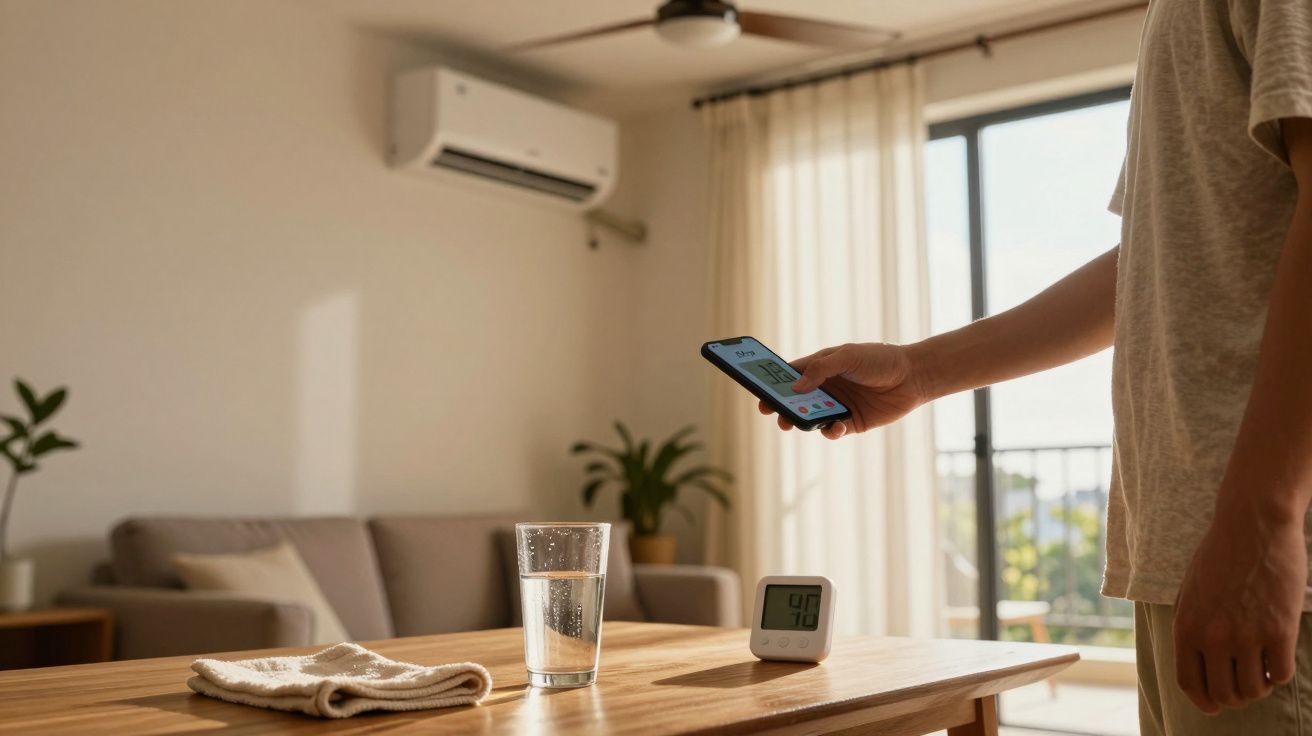 Pessoa usando smartphone numa sala com ar condicionado e termómetro.