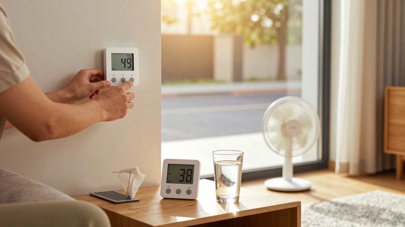 Pessoa ajusta um termóstato digital na parede; interior com ventilador, termómetro e copo de água numa mesa.