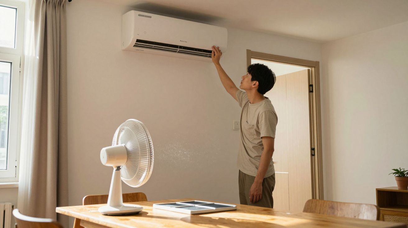 Homem ajusta ar condicionado numa sala com mesa, ventoinha e janela.