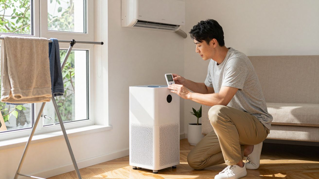 Homem ajoelhado, usando telemóvel para controlar purificador de ar num quarto iluminado, com roupa a secar ao lado.