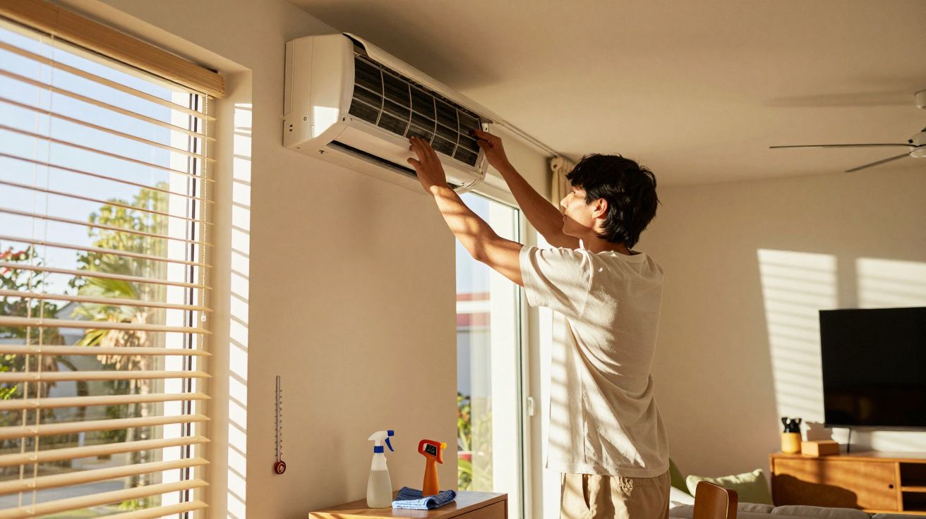 Homem ajusta unidade de ar condicionado montada na parede, com luz solar entrando pela janela ao lado.