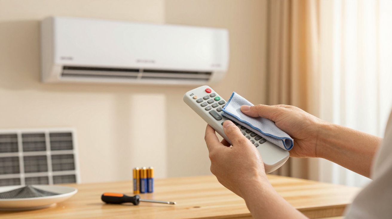 Pessoa a limpar um comando de ar condicionado com um pano num quarto iluminado.