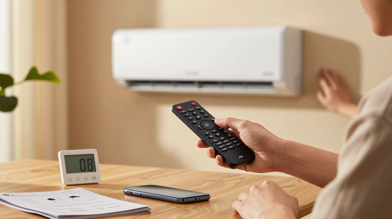 Pessoa ajusta ar condicionado com comando remoto; mesa com telemóvel, papel e termómetro.