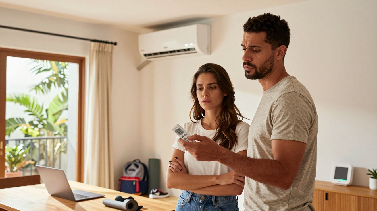 Casal observa comando remoto de ar condicionado numa sala com janela grande e cortinas brancas.