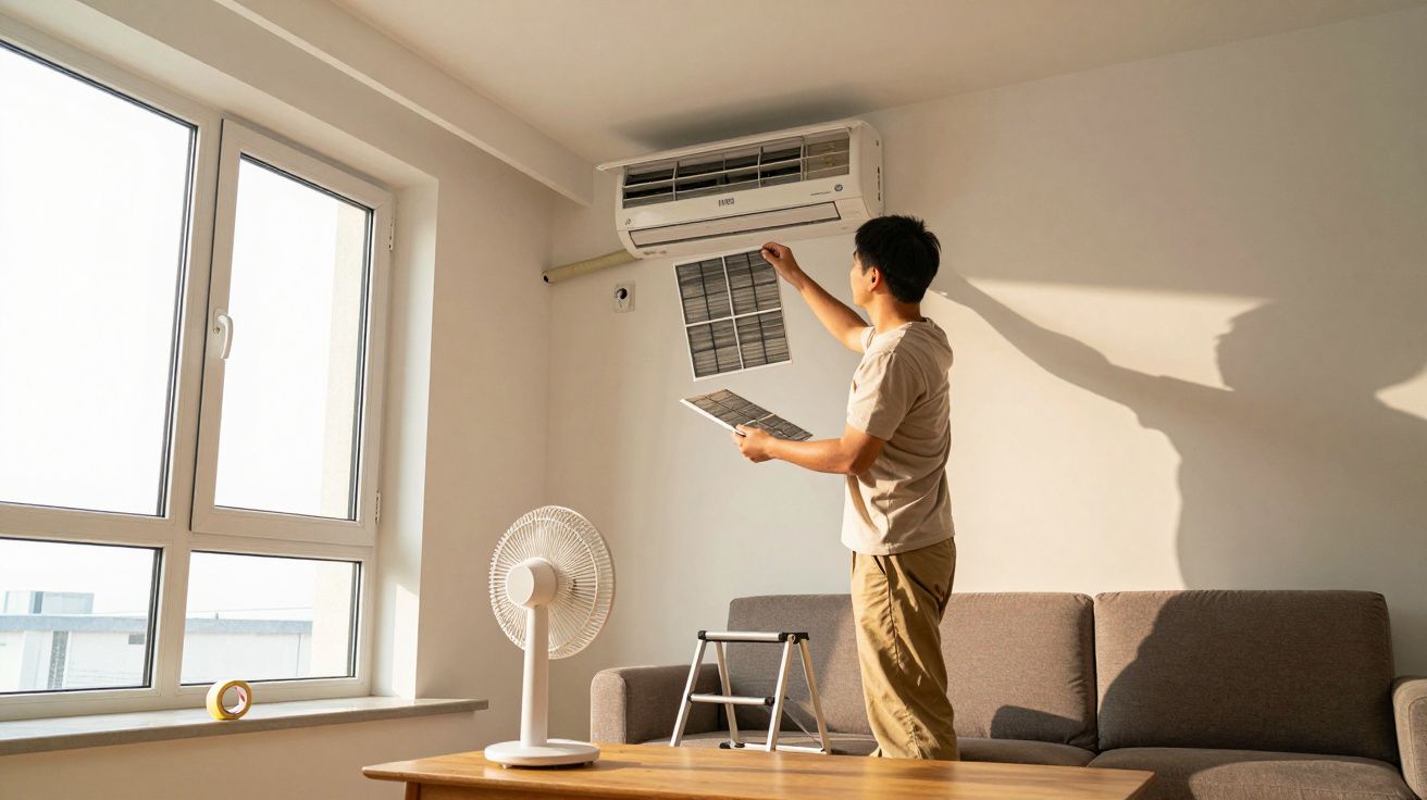 Homem substitui filtro de ar condicionado numa sala clara com sofá cinzento e ventoinha.