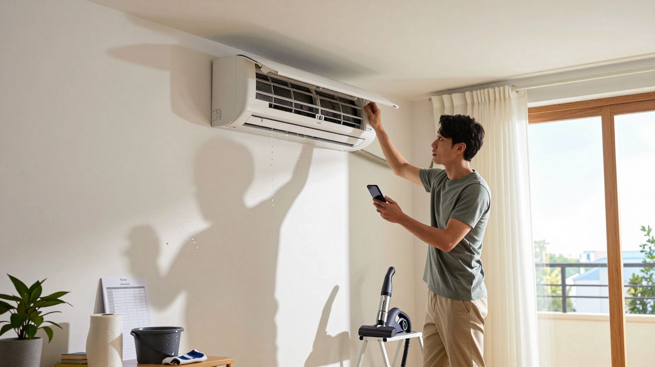 Homem verifica ar condicionado enquanto segura telemóvel em sala iluminada, com cortinas e plantas ao fundo.