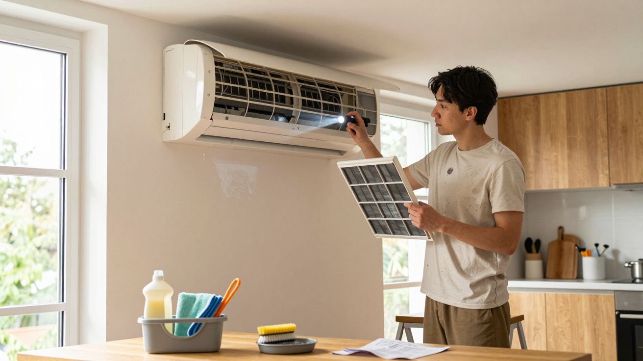 Homem substitui filtro de ar condicionado na sala, com produtos de limpeza sobre a mesa.