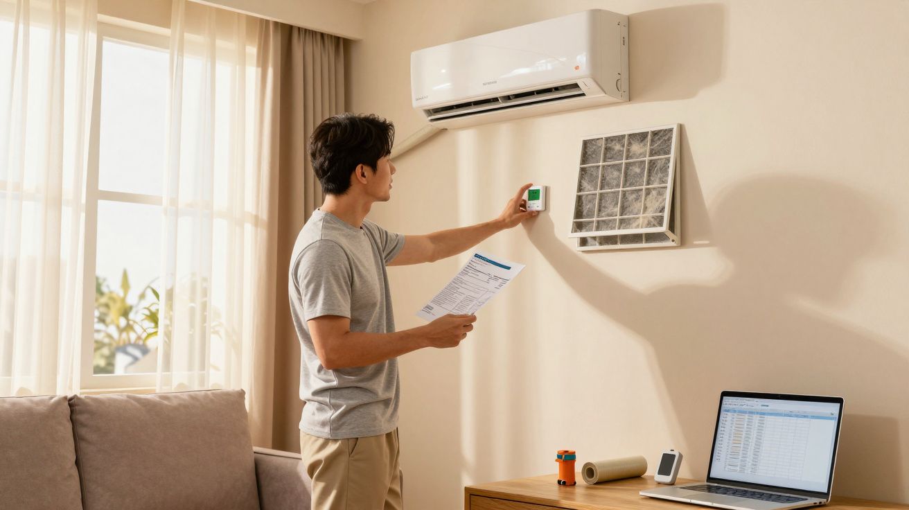 Homem ajusta termostato do ar condicionado em sala moderna com portátil sobre a mesa.