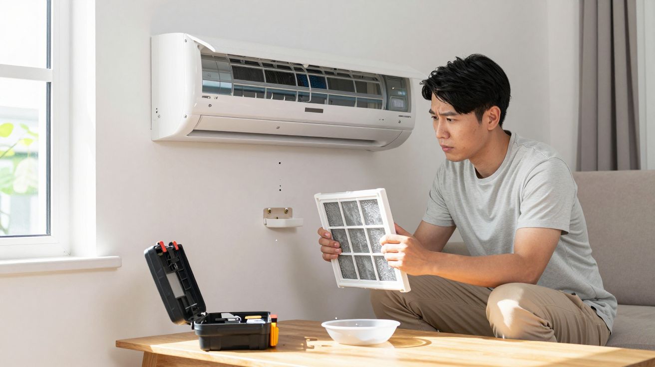 Homem sentado limpa filtro de ar condicionado com caixa de ferramentas ao lado.