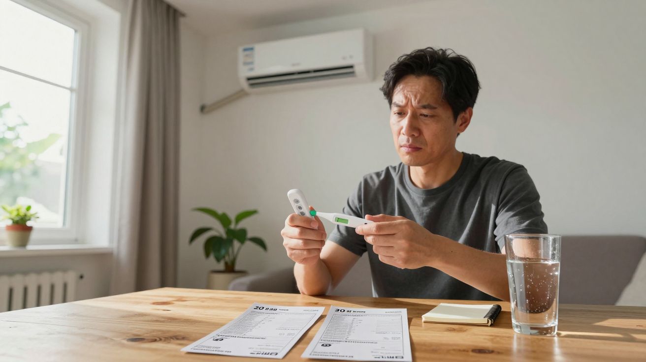 Homem sentado à mesa, segurando um termómetro, olhando atentamente; papéis e copo de água à frente.