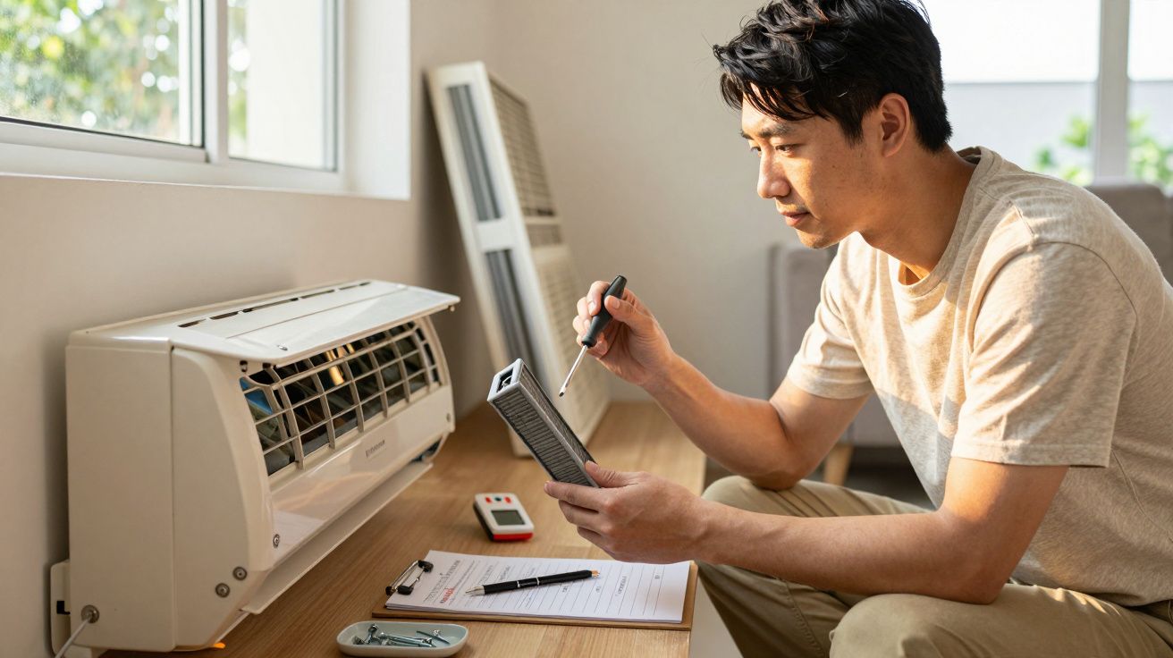 Homem a inspecionar filtro de ar condicionado, com ferramentas e bloco de notas numa sala iluminada.