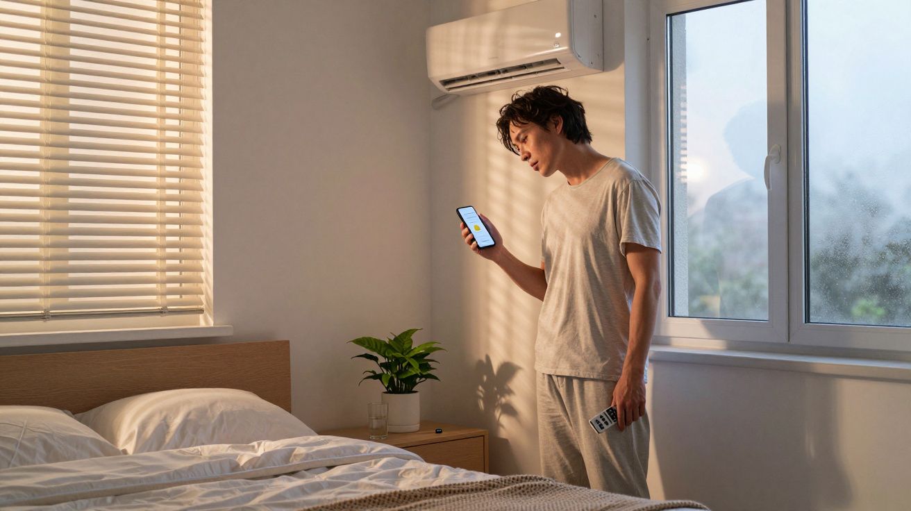 Homem em pé num quarto, segurando um telemóvel e comando, ao lado de uma cama e janela com luz suave.