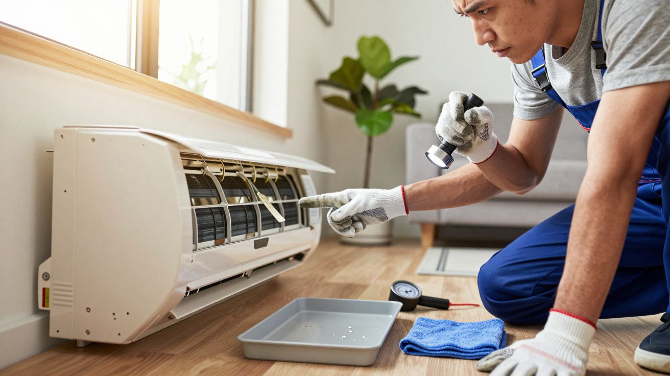 Técnico em manutenção de ar condicionado inspecciona unidade interior com lanterna e ferramentas ao lado.