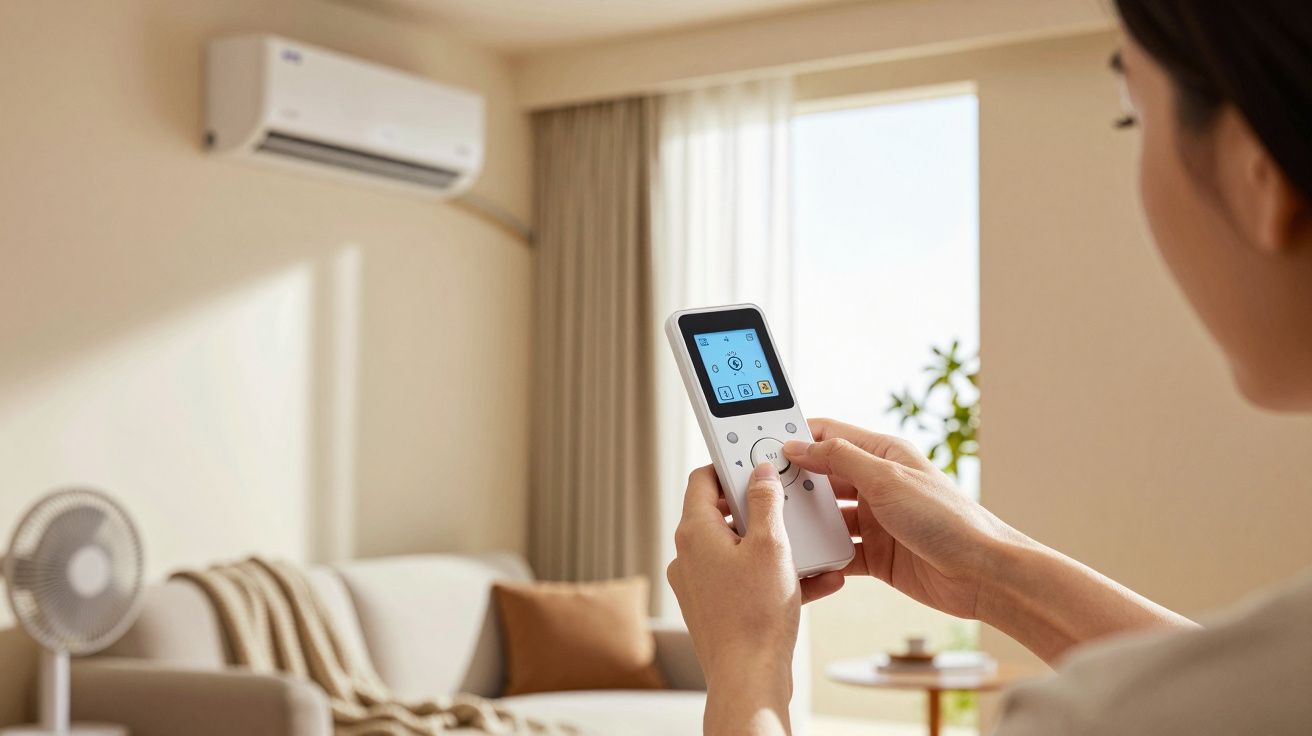 Pessoa a usar comando remoto para ligar ar condicionado num espaço de sala com sofá e ventoinha.