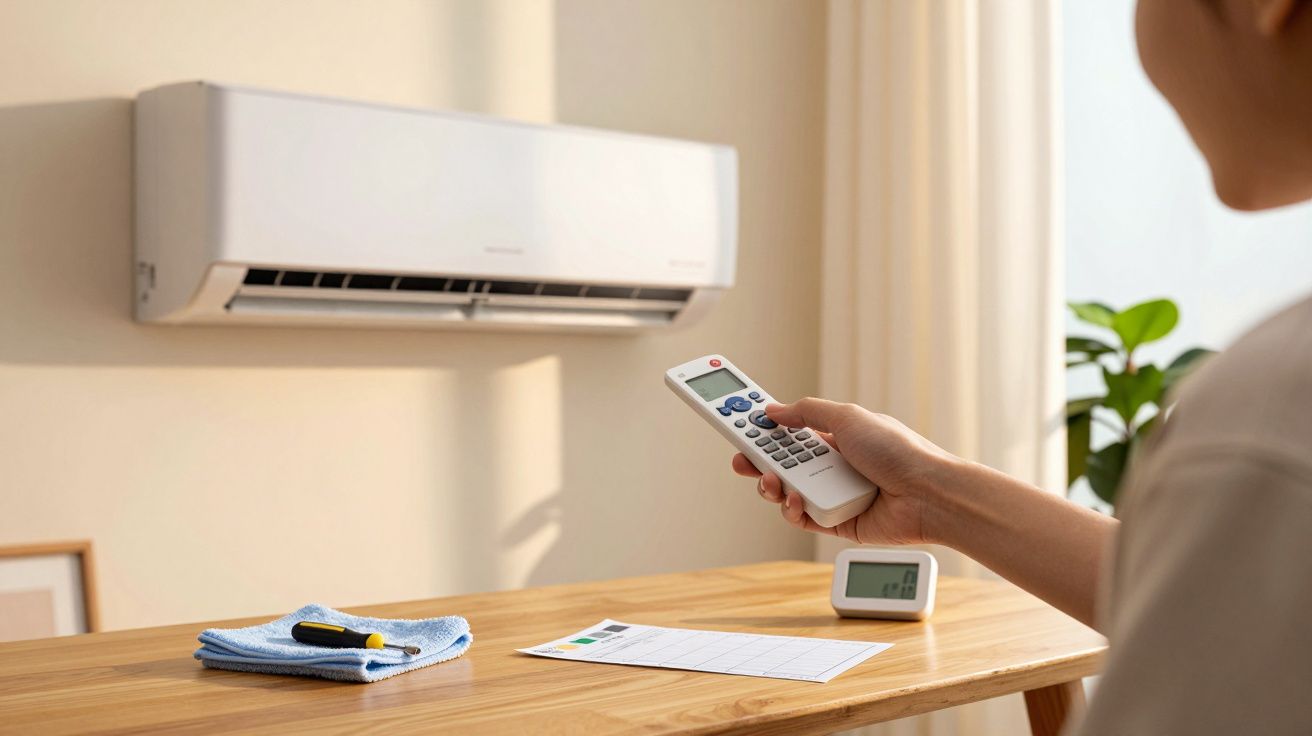 Pessoa usa comando remoto para ajustar ar condicionado na parede, com mesa e plantas ao fundo.