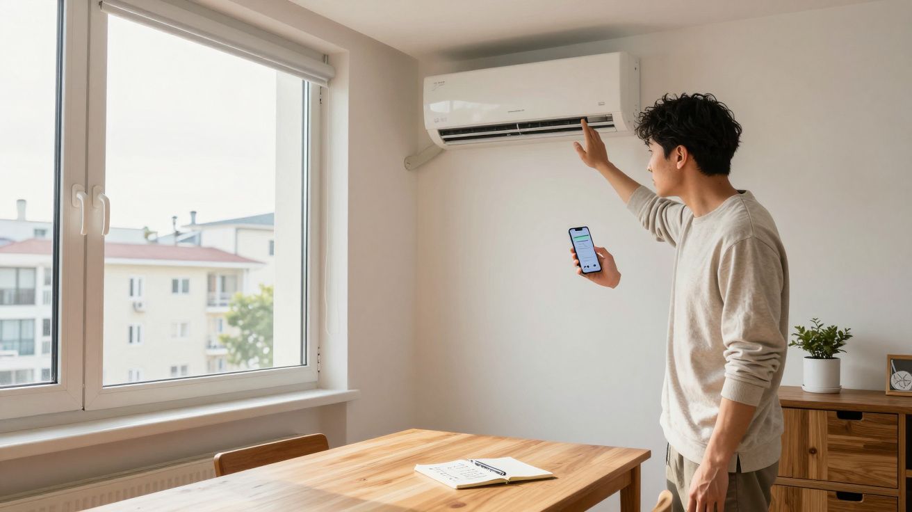 Homem ajusta ar condicionado com smartphone numa sala iluminada com uma mesa de madeira junto à janela.
