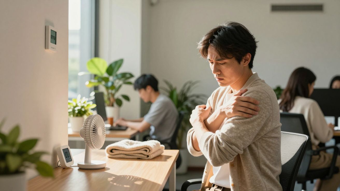 Homem sentado, com ar de frio, abraçando-se, num escritório luminoso com plantas e ventoinha sobre a mesa.