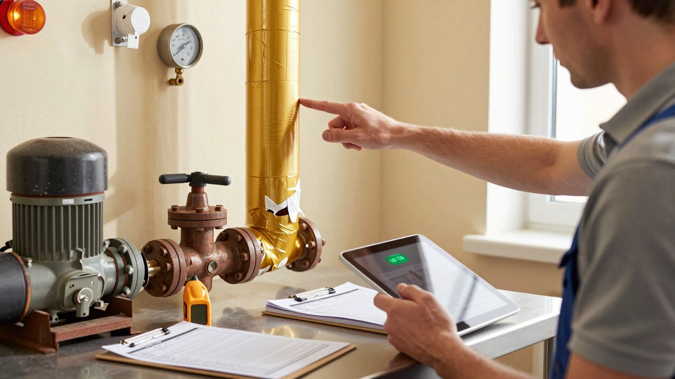 Técnico analisa equipamentos industriais com tablet e pranchetas sobre a mesa, apontando para um tubo dourado.