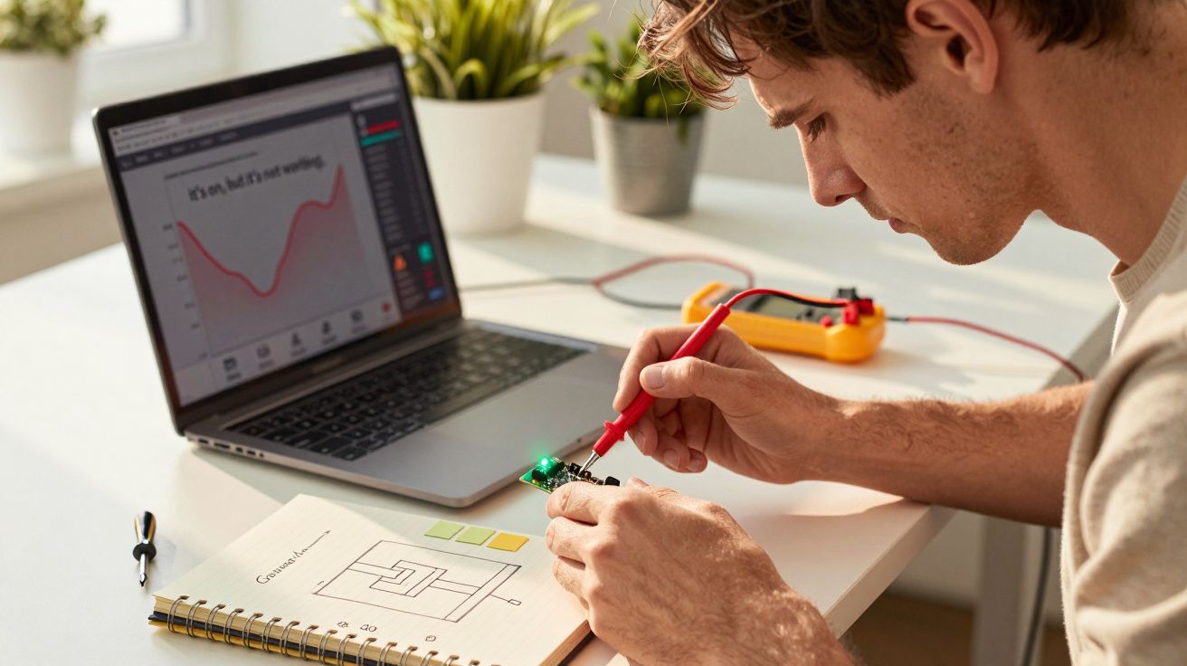 Homem jovem trabalhando em eletrónica, com laptop e caderno na mesa, analisando circuito com multímetro.
