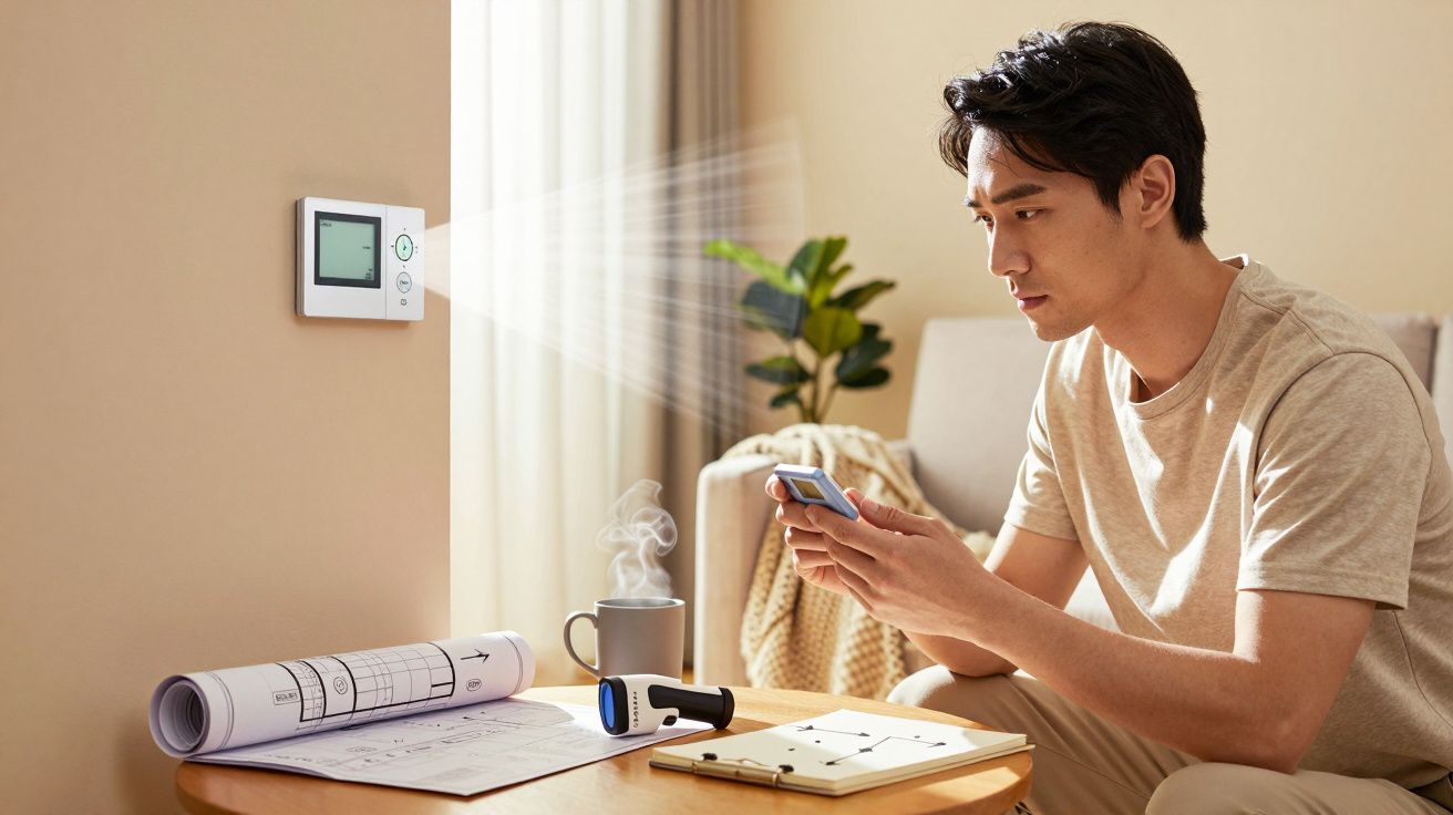 Homem utilizando smartphone para controlar termóstato inteligente na parede, sentado em mesa com chávena e documentos.