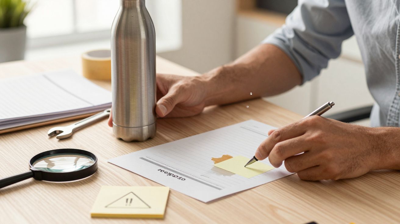 Pessoa escreve em papel com post-it, lupa e garrafa de metal na mesa. Meias folhas e caneta também são visíveis.