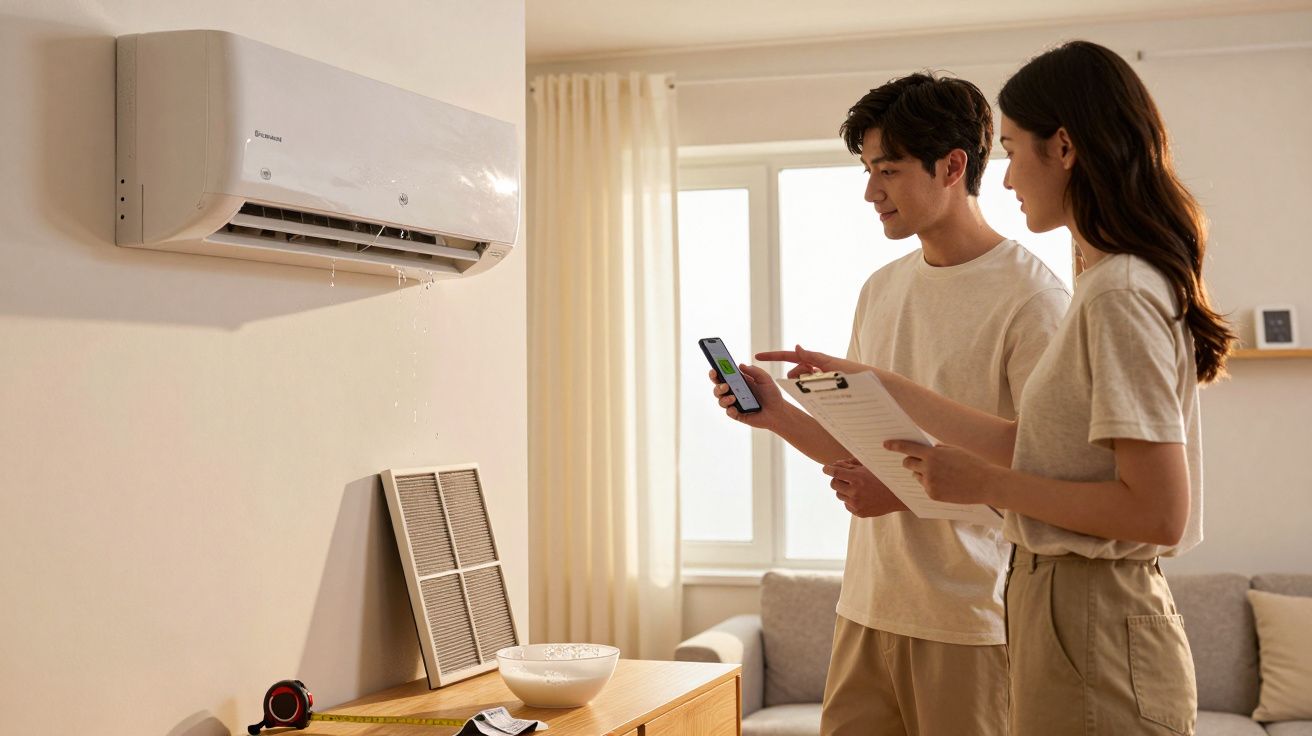 Duas pessoas verificam um ar condicionado pingando. Uma segura um telemóvel, a outra uma prancheta, em sala iluminada.