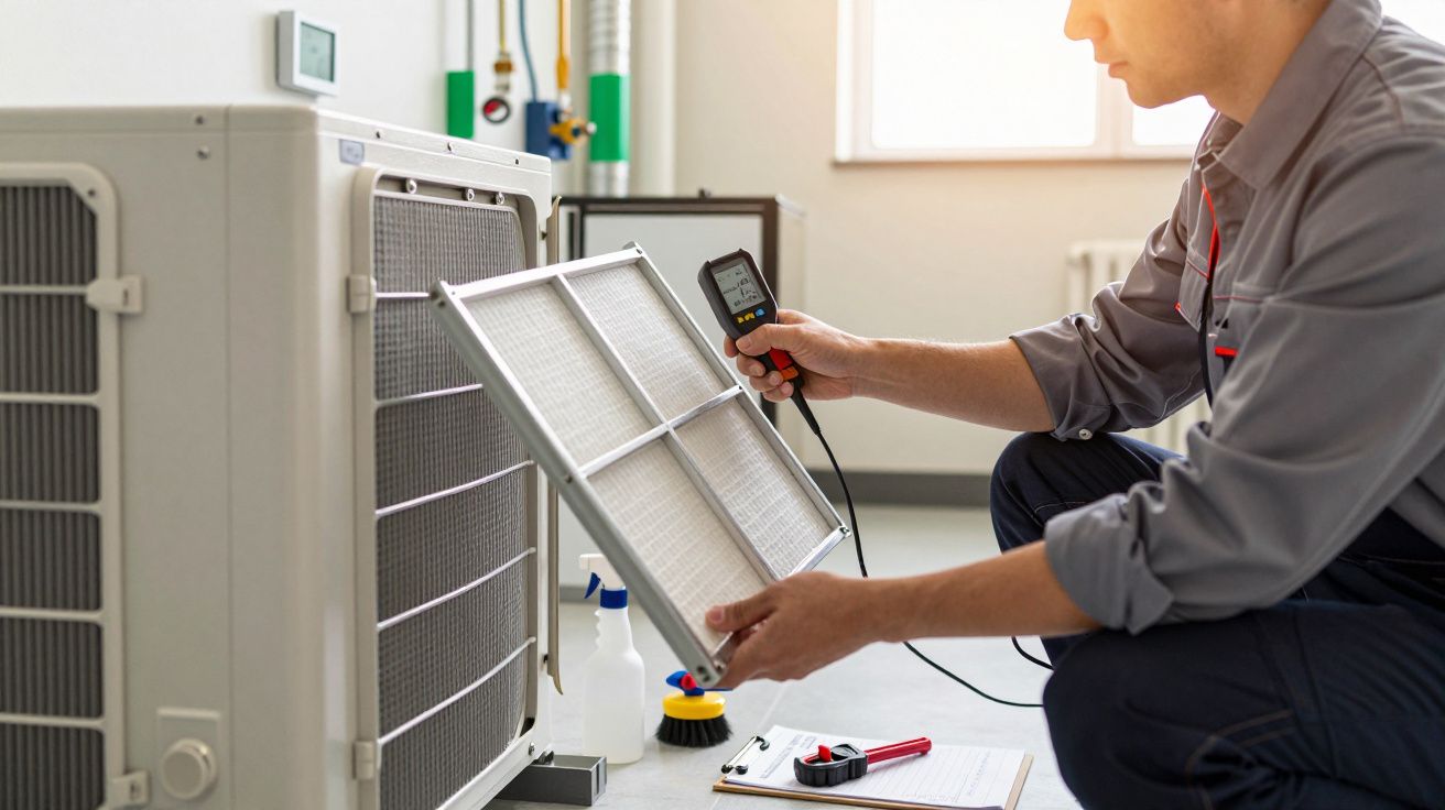 Técnico a verificar filtro de ar condicionado e medindo parâmetros com um dispositivo eletrônico numa sala iluminada.