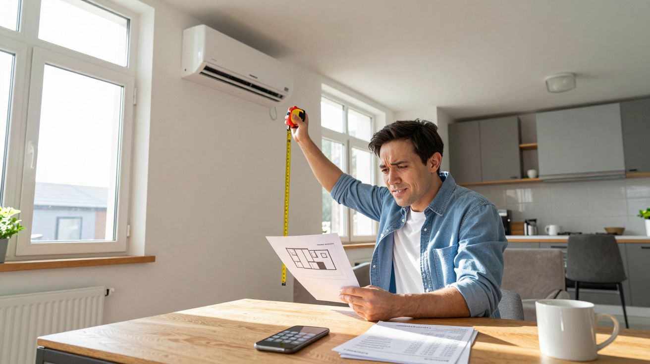 Homem segurando fita métrica e planta numa sala com ar condicionado, aparenta perplexo, com calculadora à frente.