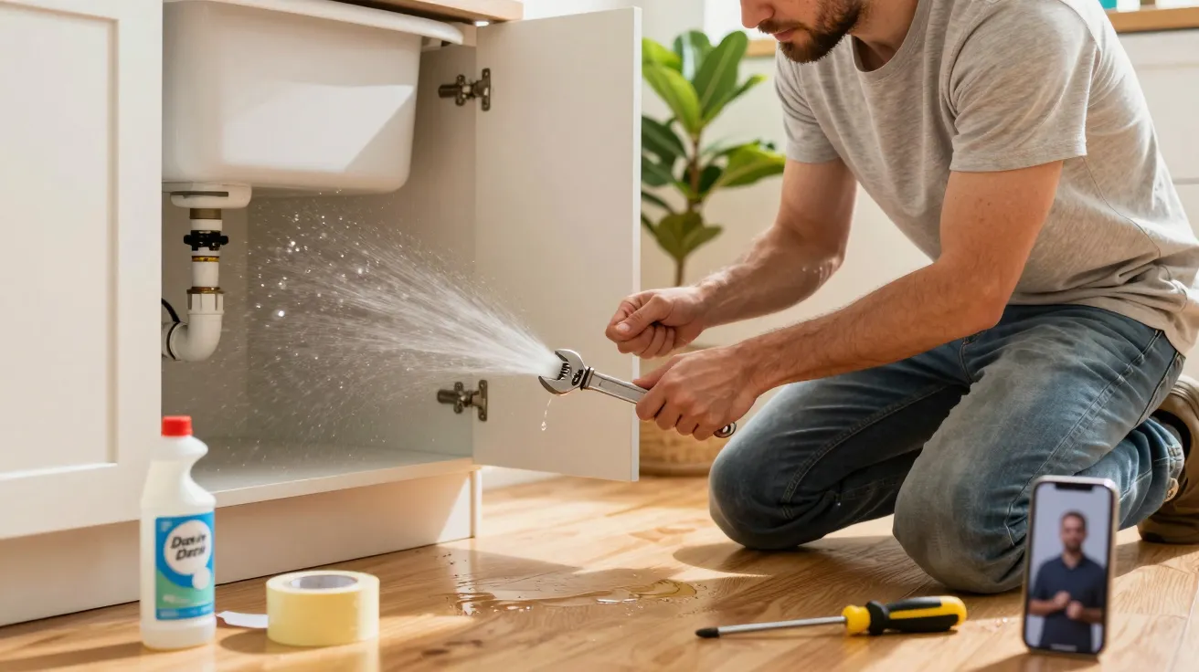 Homem conserta cano a vazar debaixo do lavatório com ferramentas e telemóvel ao lado, água espalhada no chão.