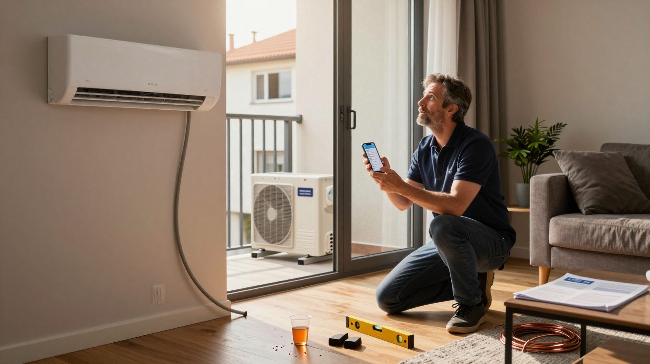 Homem a verificar instalação de ar condicionado com smartphone numa sala iluminada por luz solar.