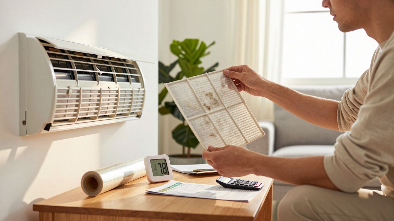 Pessoa limpa filtro de ar condicionado, mesa com termómetro, calculadora e papéis ao lado.