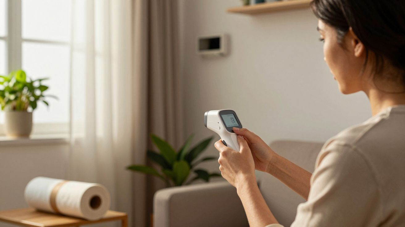 Mulher sentado numa sala segura um termómetro digital na mão, com plantas e janela ao fundo iluminando o espaço.