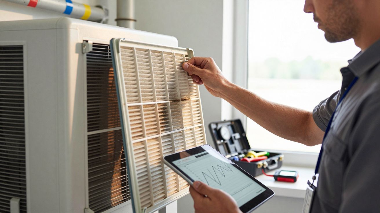 Técnico inspeciona filtro de ar condicionado com um tablet em mãos, ao lado de ferramentas e gráfico de desempenho.