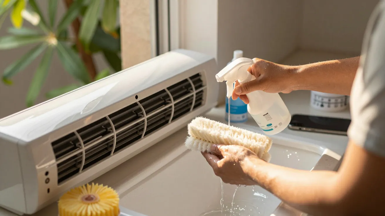 Pessoa limpa escova com spray de limpeza ao lado de filtro de ar condicionado junto a uma janela iluminada.