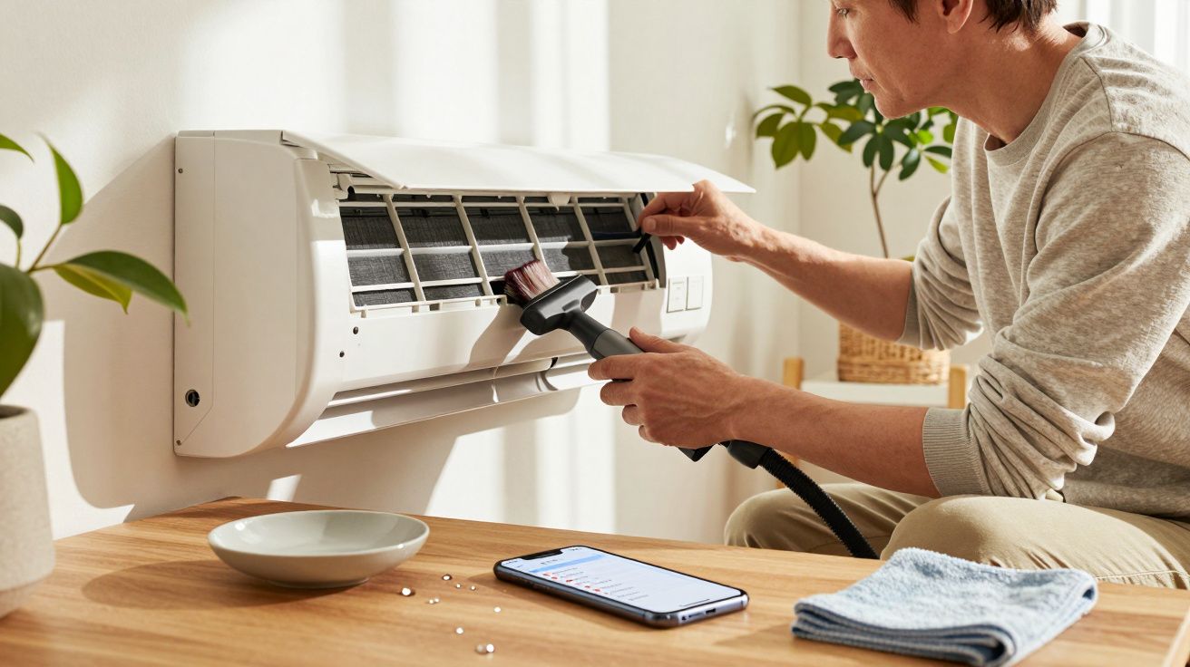 Homem limpa filtro de ar condicionado com aspirador numa sala com plantas, mesa de madeira e telemóvel ao lado.