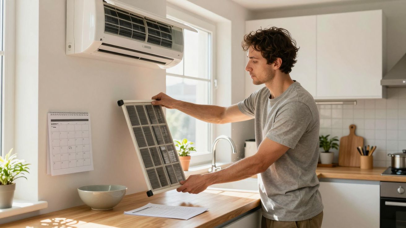 Homem a limpar filtro de ar condicionado na cozinha iluminada pela luz do dia, com plantas, calendário e utensílios.