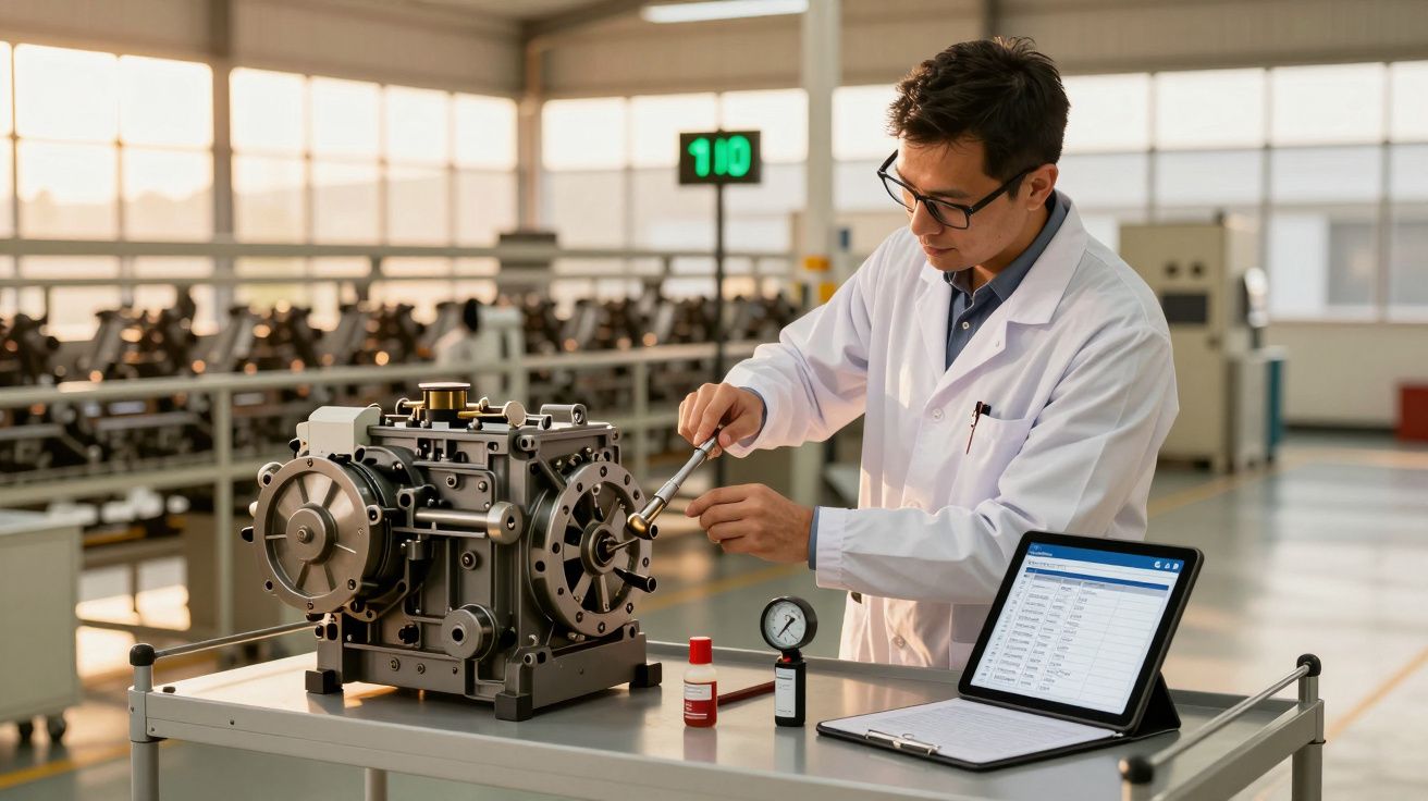 Engenheiro ajusta máquina numa fábrica, com um portátil e ferramentas numa bancada.