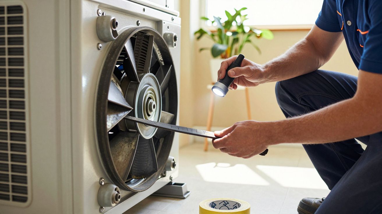 Pessoa a inspecionar um ventilador de ar condicionado com uma lanterna, durante manutenção numa sala iluminada.