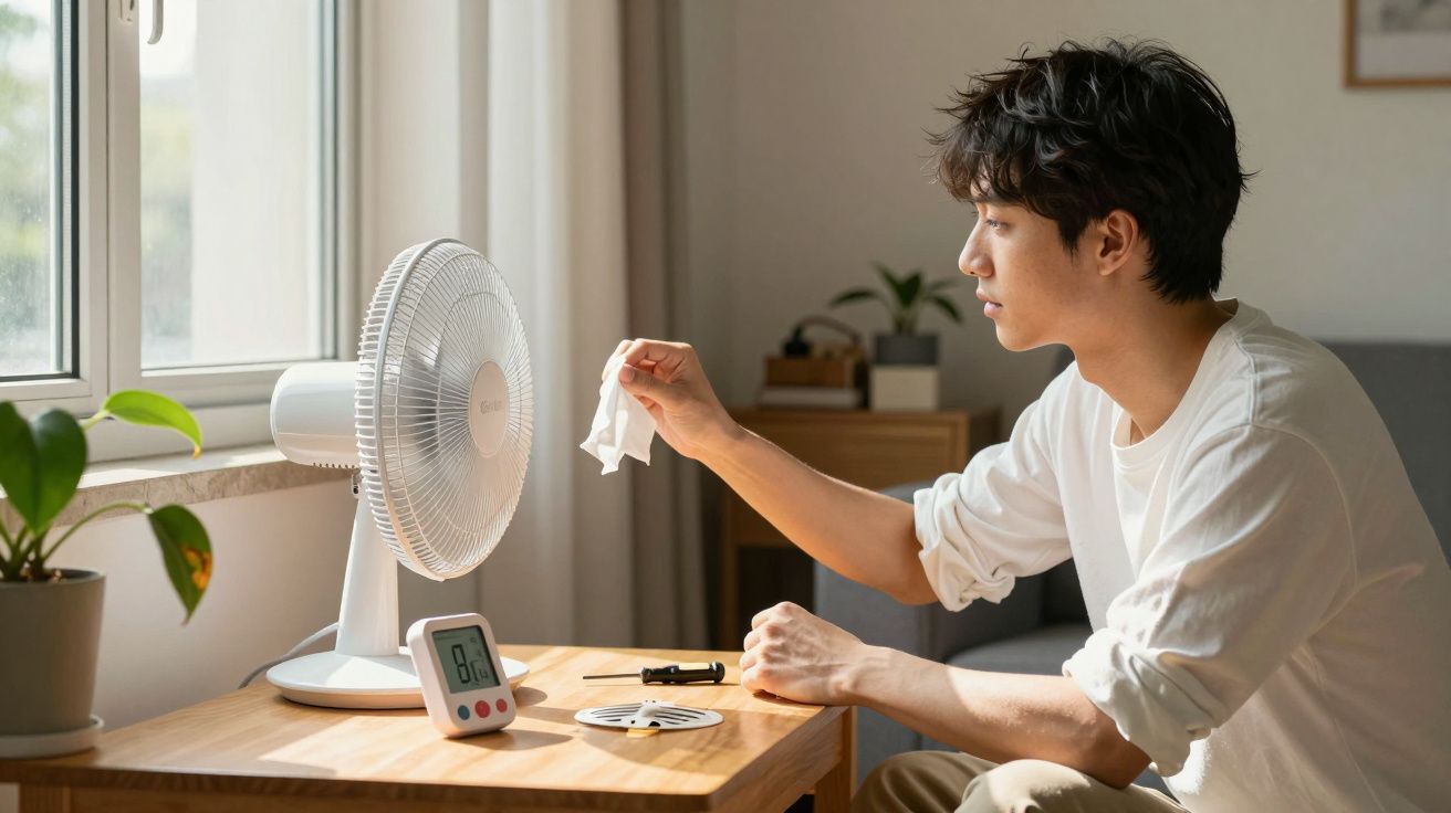 Homem limpa ventoinha numa sala iluminada, com termómetro digital na mesa.
