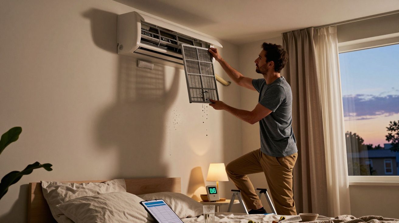Homem a limpar filtro de ar condicionado num quarto, ao pôr do sol, com cama e mesa de cabeceira ao fundo.