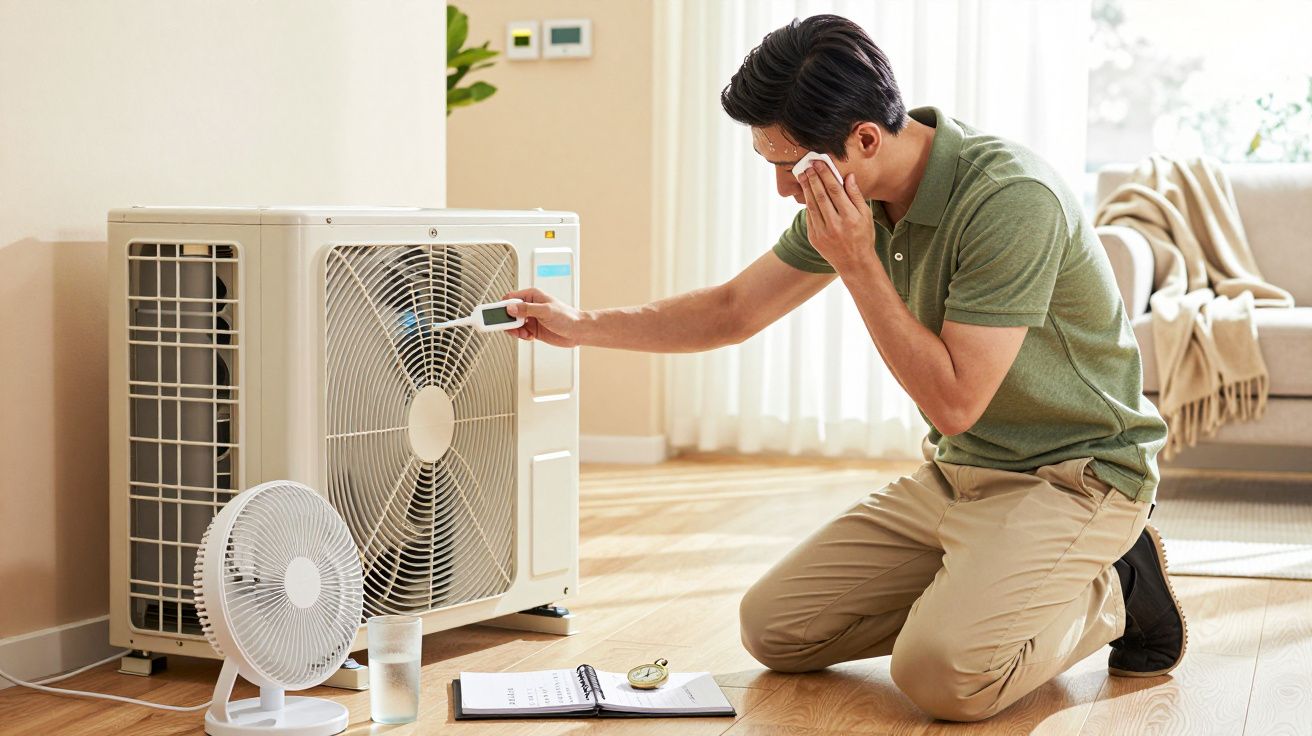Homem ajoelhado verifica unidade de ar condicionado com controle remoto numa sala, ao lado de um ventilador e documentos no c