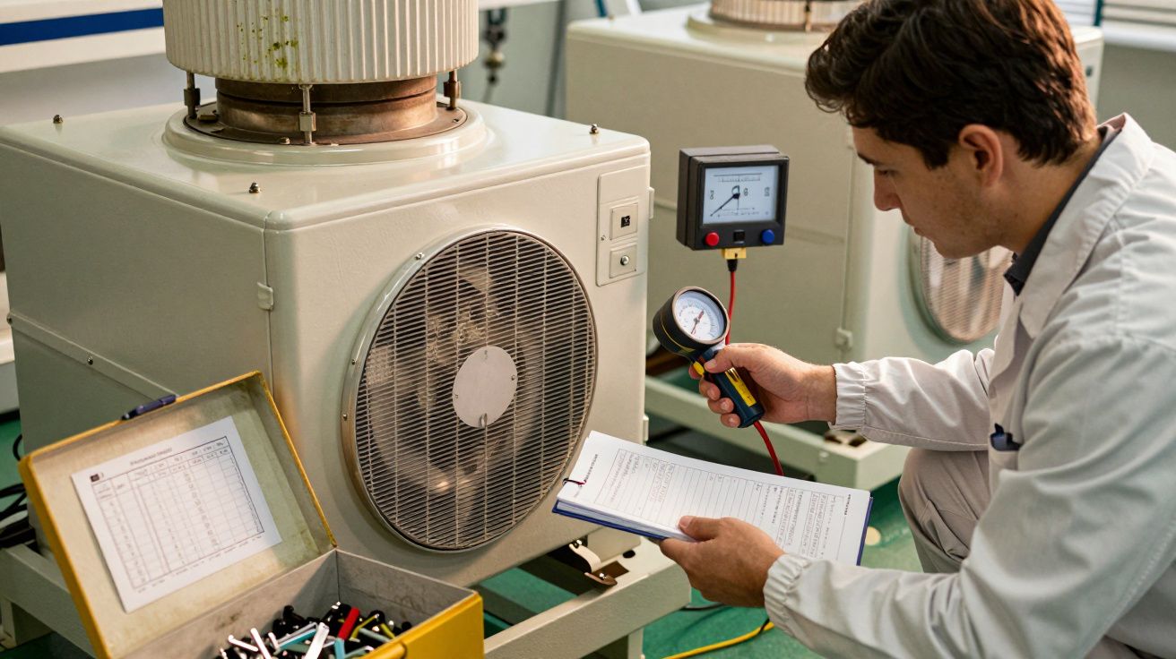 Homem em bata branca inspecciona máquina industrial com medidor e bloco de notas. Caixa de ferramentas ao lado.