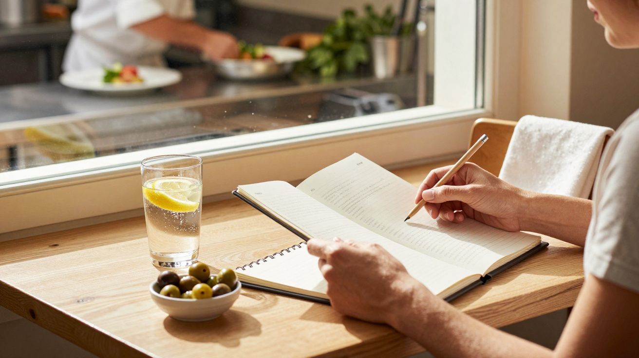 Pessoa escreve num caderno à mesa com azeitonas e água, vista de cozinha ao fundo.